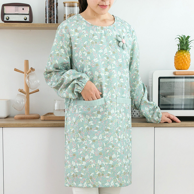 Kitchen Job - مريلة نسائية قطنية طويلة الأكمام مقاومة